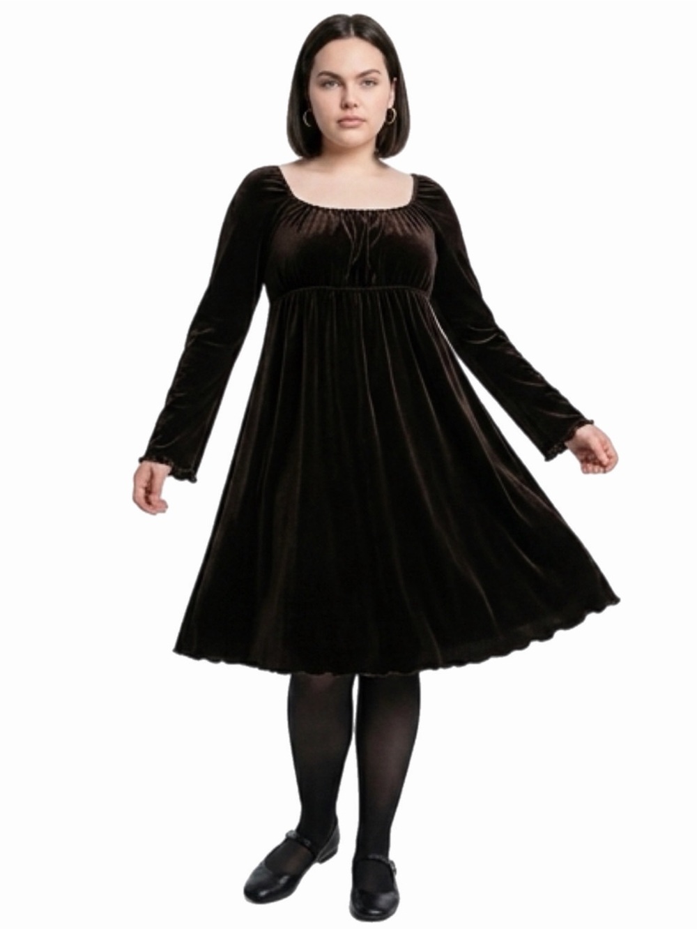 90s American Vintage Max Studio Velvet Babydoll Lettuce Hem Dress (Brown)Size XL